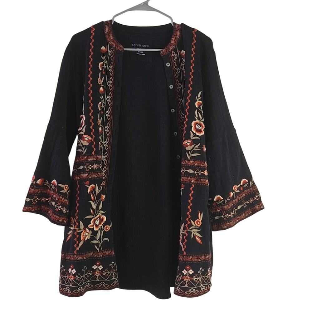 Karyn Seo women's Black Cotton Floral Embroidered Kimono Jacket size Small